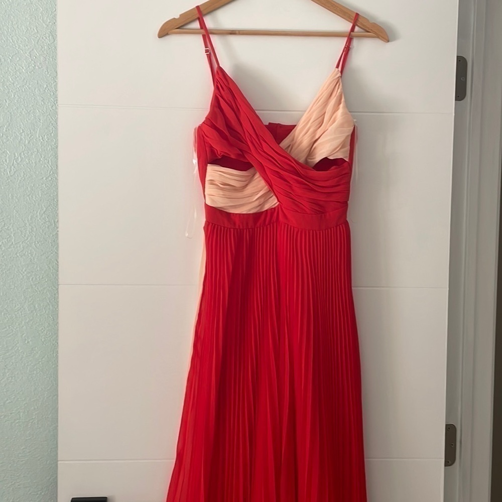 Fame @ Partners Pleated Gown Red & Cream Wedding Prom Maxi Strappy Dress Sz2